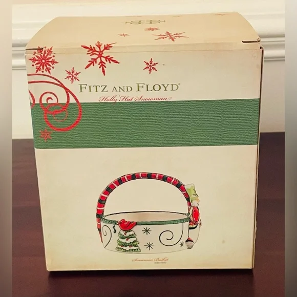 BNIB Fitz and Floyd Holly Hat Snowman Ceramic Basket 2013 Christmas Candy Dish - Picture 9 of 10